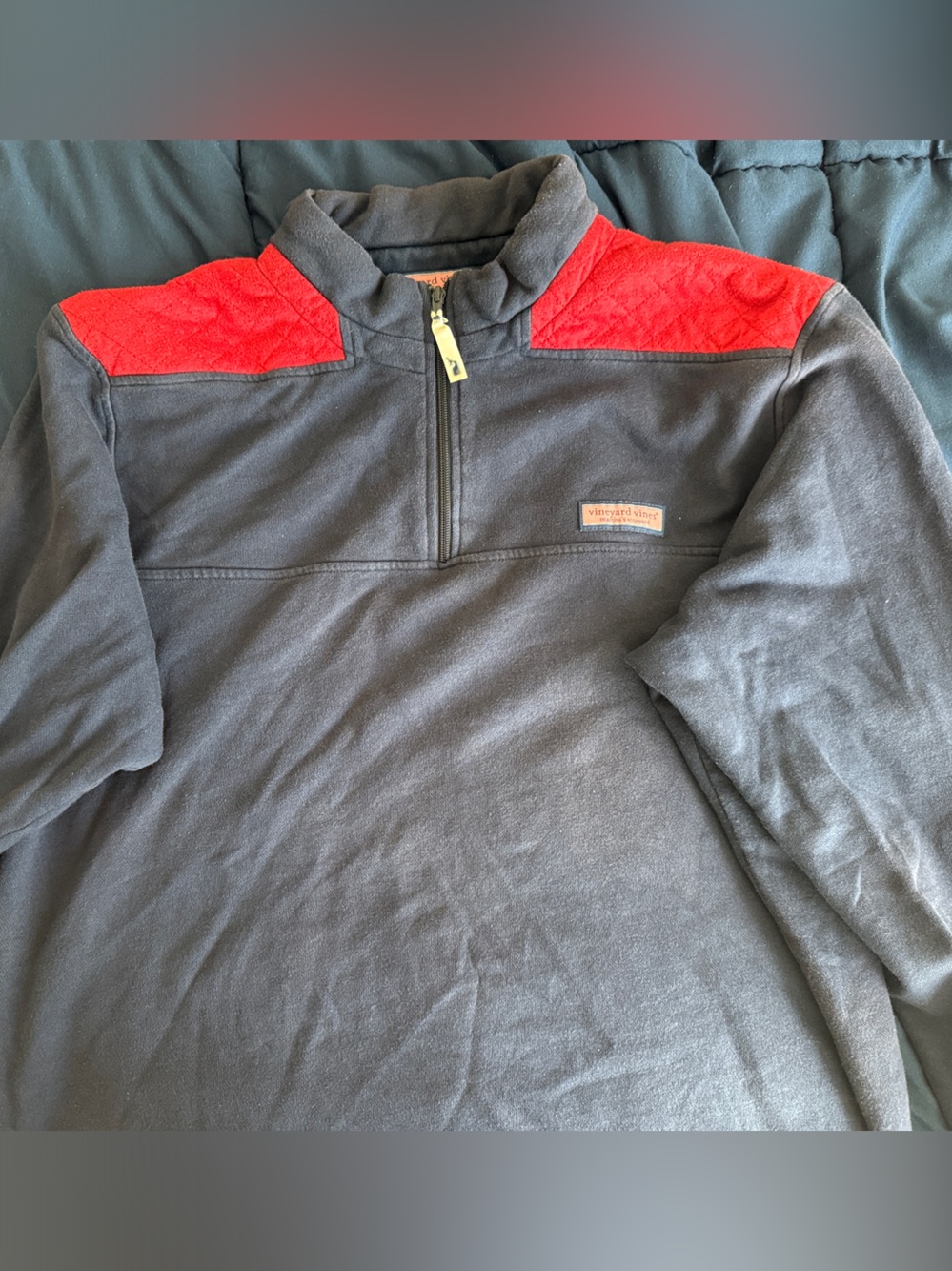 Vineyard Vines Men's Charcoal Zip Pullover with Red Shoulder Accents